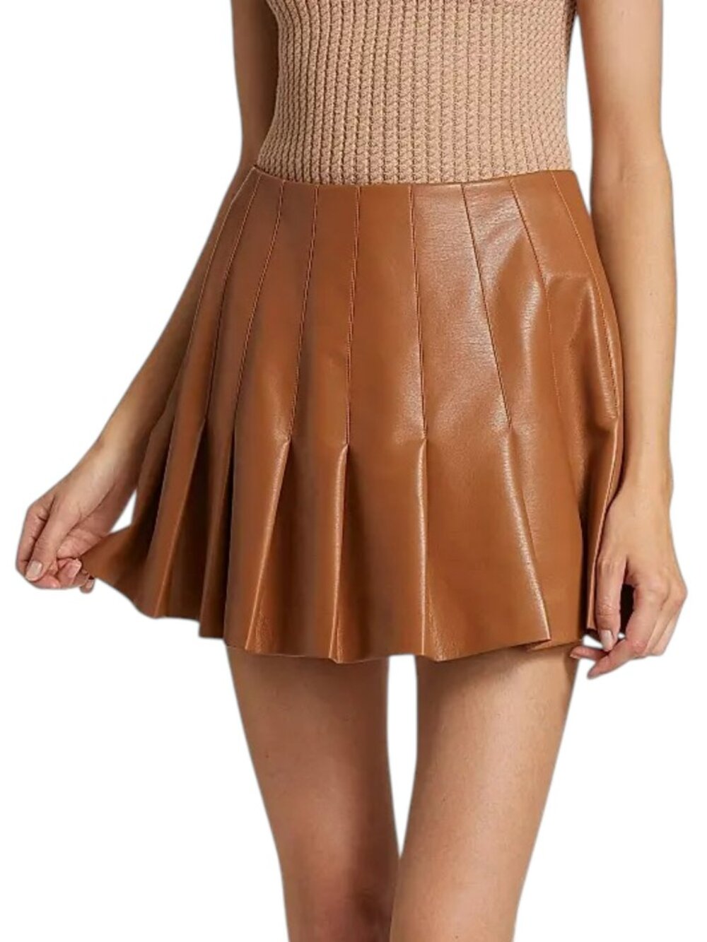 Alice + Olivia Carter Vegan Leather Pleated Mini Skirt Camel NWT Sz 2